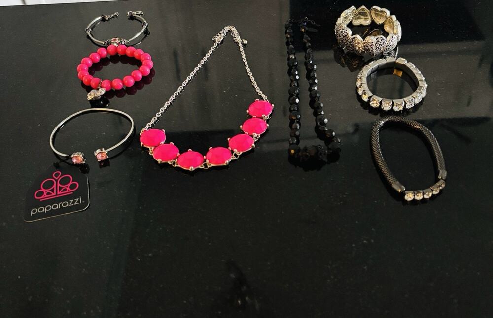 8 Pc Costume Jewelry Lot Paparazzi Pink Necklace Bracelets Rhinestone Black